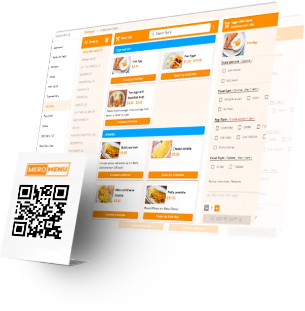 Restaurant software interface showing order management and qr menu